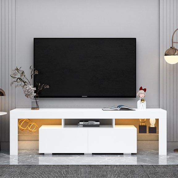 Pouseayar TV Stand for 55/60/65inch TV, Entertainment Center with 2 Storage Drawers and LED Light for Living Room, White