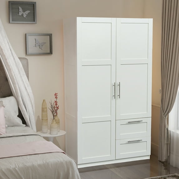 Pouseayar Tall Wardrobe Closet with 2 Doors,2 Drawers,5 Storage Space for Hanging Clothes, Wardrobe Storage Cabinet Bedrooms, White