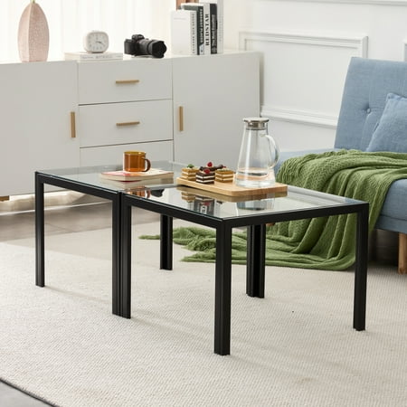 Pouseayar Tempered Glass Coffee Table Set of 2,Square Modern Table,Transparent