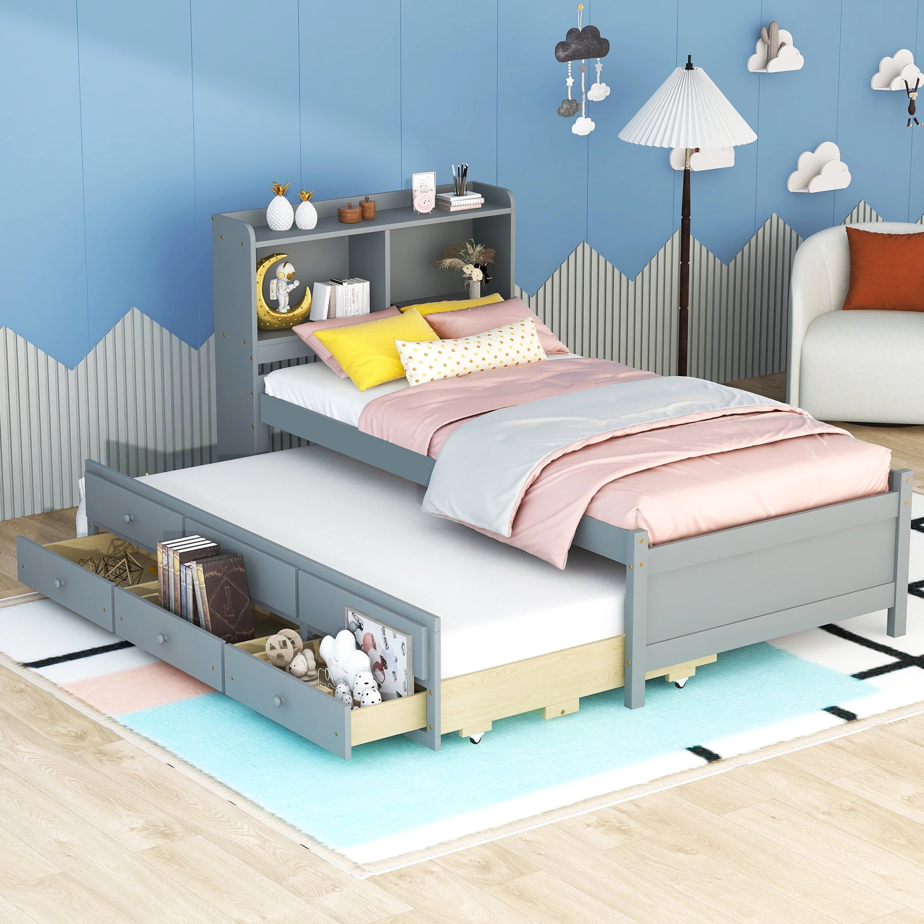 Pouseayar Twin Size Bed Frame With LED Light Bookcase Headboard pouseayar-twin-size-bed-frame-with-led-light-bookcase-headboard