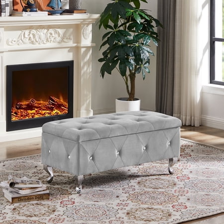 Pouseayar Velvet Storage Bench, Storage Chest with Padded Seat for Hallway Living Room Bedroom, Gray