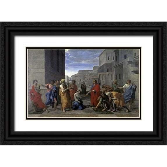 Poussin, Nicolas 32x21 Black Ornate Wood Framed with Double Matting Museum Art Print Titled - Christ and the Woman Taken in Adultery