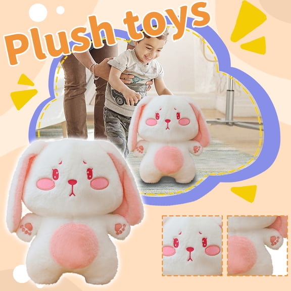 Pouting Sad Rabbit Plush Toy, 15.7" Soft White Bunny Stuffed Animal Doll with Pink Cheeks