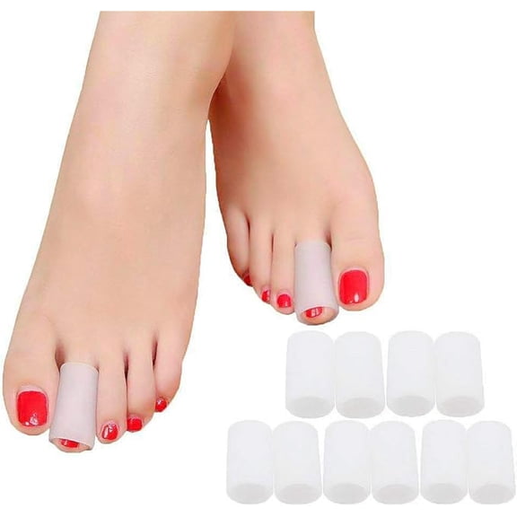 Povihome Toe Sleeves, Toe Protectors, 10 Pack Toe Tube Pads for Hammer Toe,Stubbed Toe,Corns, Calluses Protect (Medium Size, White)