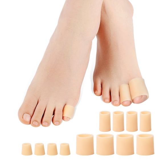 Povihome Toe Sleeves, Toe Protectors, 12 Pack Toe Tube Pads for Hammer Toe,Stubbed Toe,Corns, Calluses Protect (Multi Size, Beige)