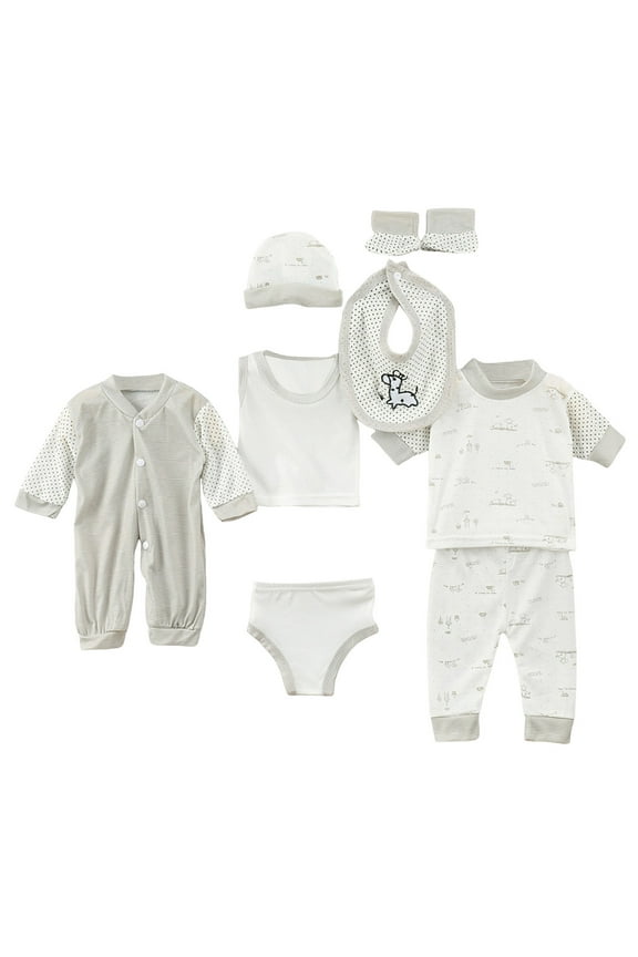 0-3 Months Baby Boy Clothes Fashion 8PCS Baby Boy Girl Tops+Hat+Pants+Bib+Sock Shose+Romper Outfits Set for 0-3 Months,Grey
