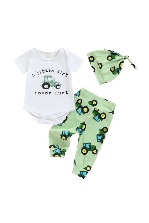 2PCS Summer Outfit Toddler Baby Boy's Fashion Boy's Tractor Fishing Theme Alphabet Suit With Tights Baby Hat Set Size newborn,Green