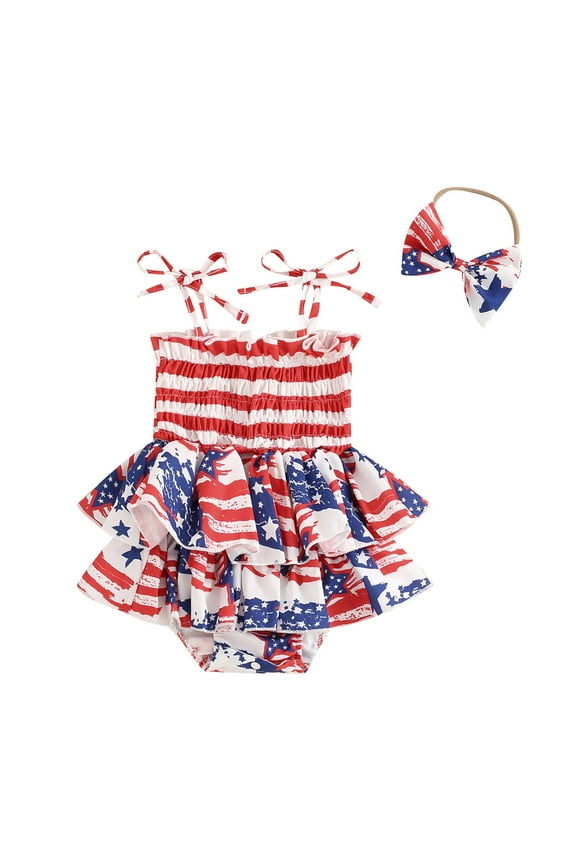 4th Of July Outfits for Kids Baby 4th Of July Outfit Girl Usa Bubble Romper Smocked Dress My First Forth Of July baby girl Outfits for 0-3 Months,Red