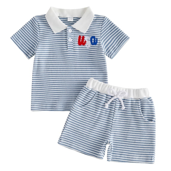 Povozer 4th Of July Outfits for Kids Red White Blue Boys Clothes 4th Of July Baby Boy Outfit Flag Embroidery Short Sleeve T Shirt Shorts Set Toddler Boy Summer Clothes Size 3-4 Years,Blue