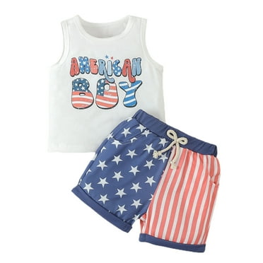 Povozer 4th Of July Outfits for Newborns Baby Boy Summer Clothes Striped Tank Tops Camisoles and Shorts Newborn Boys Spring Summer Outfit for 6-12 Months,White