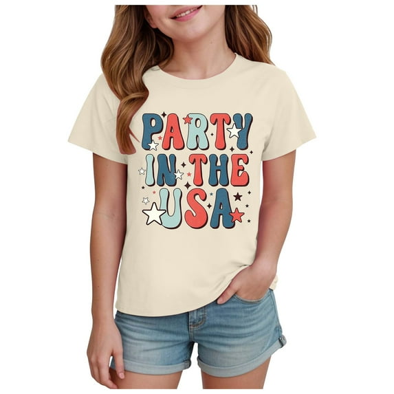 Povozer 4th of July Shirts Teens Kids Shirt for Girls 4th of July Shirts American Flag Tshirt Patriotic Top Tee Independence Day Outfit Girl for 7-8 Years,Beige