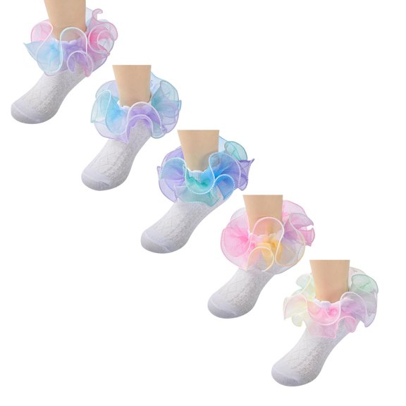 Povozer 5 Pairs Girls Ruffle Socks Ruffled Lace Socks for Girls Dress Socks(Multicolour,5-8Y)