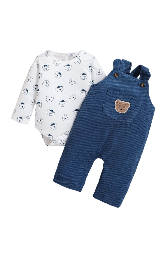 Baby Boy Clothes Baby Boys Spring Fall Casual Loose Fit Overalls Set With Bear Design Long Sleeve Overalls Featuring Bear Head Pattern,Size 0-3 Months,Blue
