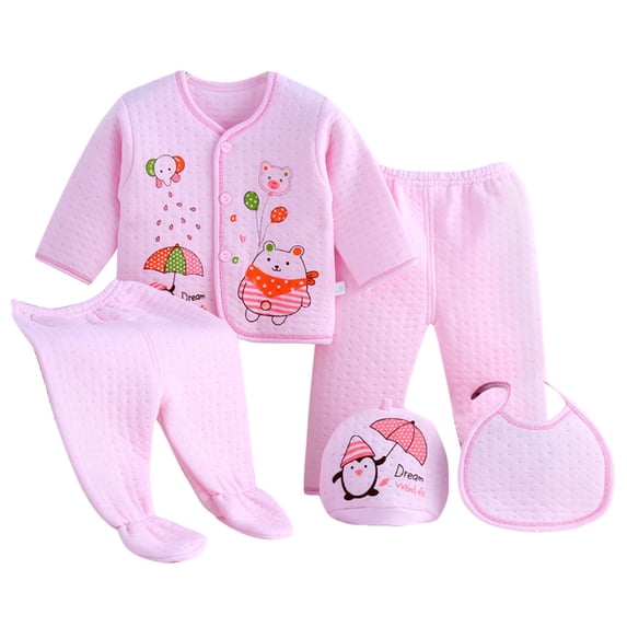 Povozer Baby Boy Gifts 0-3 Months Fashion 5PCS Baby Boy Girl Cartoon Long Sleeve Tops+Hat+Pants+Bib Outfits Set for One Size,Pink