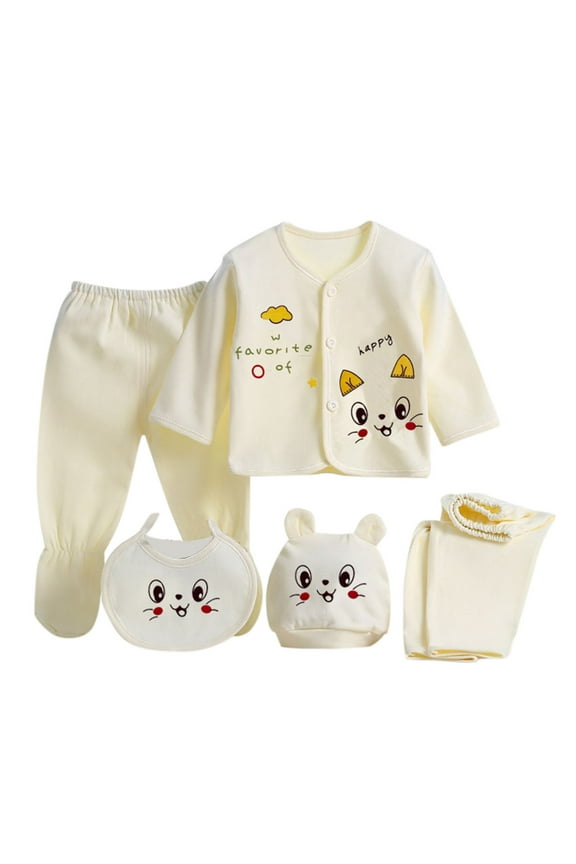 Baby Boy Gifts 0-3 Months Fashion 5PCS Baby Boys Girls Cartoon Long Sleeve Tops+Hat+Pants+Bib Outfits Set for One Size,Yellow