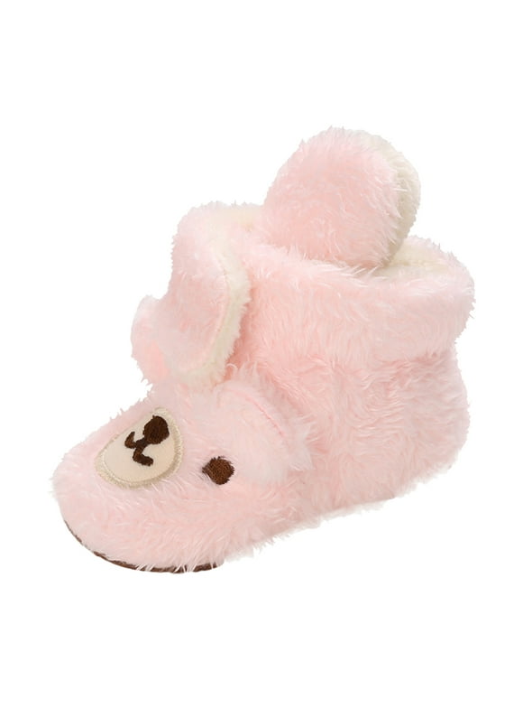 Baby Boy Girl Cozy Fleece Bootie Stay on Slipper Winter Warm Gripper Non-Slip Crib Shoes(Pink,0-6 Months)