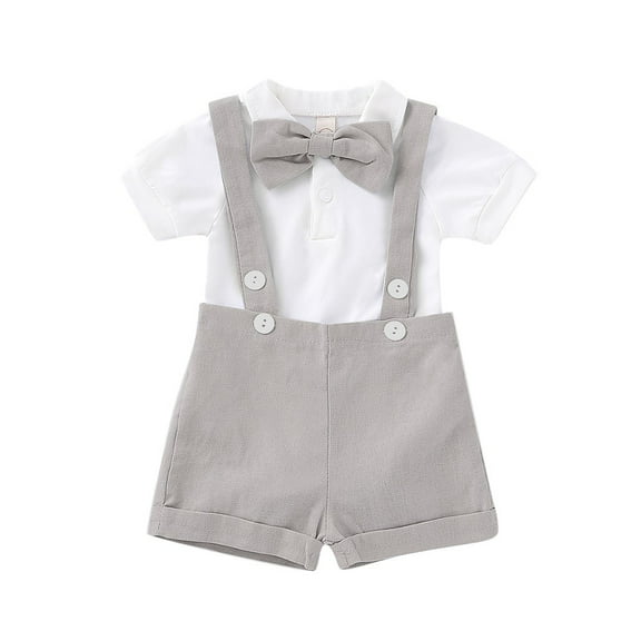 Povozer Baby Boy Summer Wedding Outfit Toddler Boys Formal Outfit 2pcs Sets Short Dress Shirt Suspender Pants Bow Tie for 90,Grey