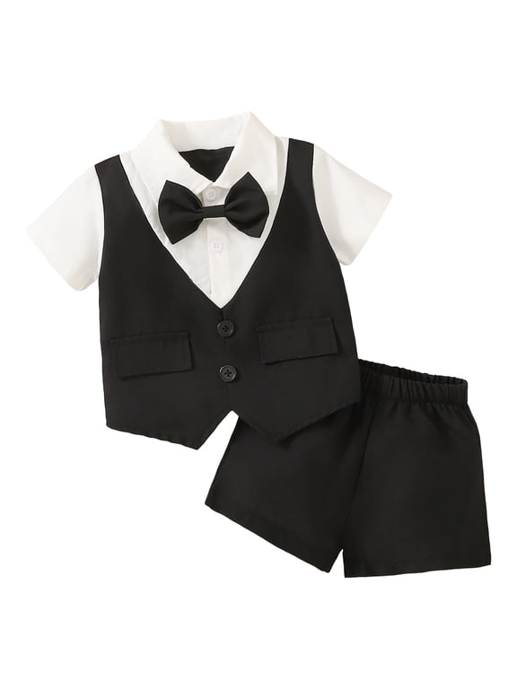 Baby Boy Summer Wedding Outfit Toddler Suits for Boy formal Wear Gentleman Outfits for Baby Summer Shorts Set 6M 9M 12M 18M 2Y for 18-24 Months,Black