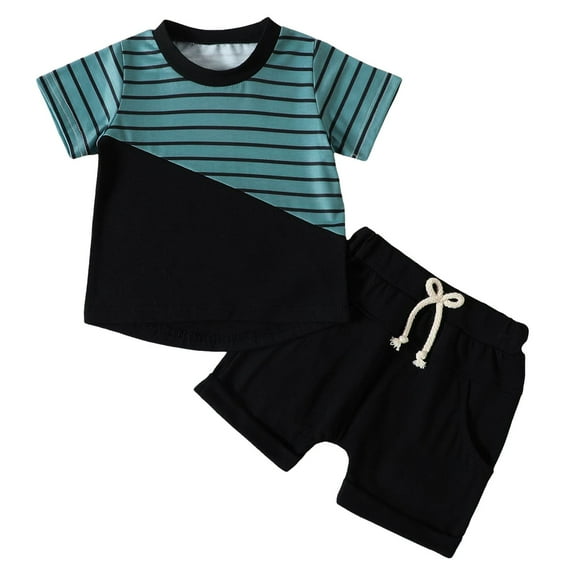 Povozer Baby Boys 2PCS Shorts Set Short Sleeve Patchwork Crew Tees + Short Pants Toddler Boys Summer Casual Outfit(Black,2-3Y)