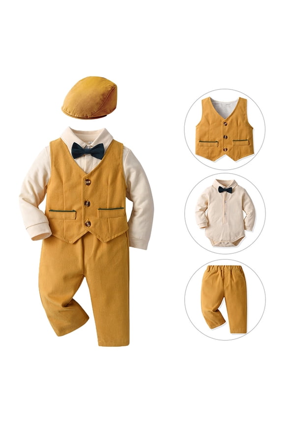 Baby Boys Dressy Outfit Sets Baby Boy Dress Suit Clothes Sets Infant Tuxedo Gentleman Suits Outfits Bowtie Shirt Suspenders Pants Beret Hat 60 70 80 90 100 for 12-18 Months,Yellow
