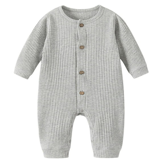 Povozer Baby Boys Girls Rompers Long Sleeve Round Neck Button Solid Color Jumpsuits(Gray,6-12M)