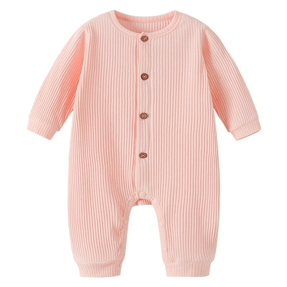 Povozer Baby Boys Girls Rompers Long Sleeve Round Neck Button Solid Color Jumpsuits(Pink,6-12M)