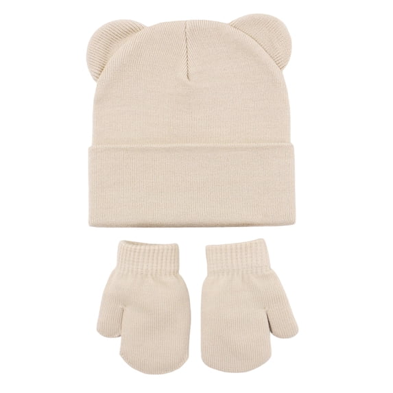 Povozer Baby Girl Beanie Winter Baby Boy Hat Winter Baby Knitted Ear Warmers Cute Ear Wool Hat Gloves Set,Size 0-6 Months,Beige