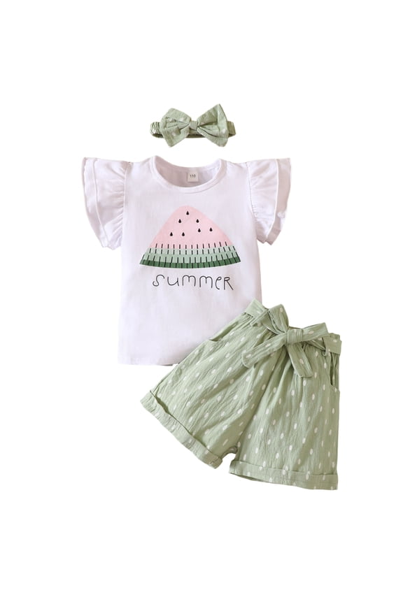 Baby Girl Clothes Infant Summer Outfits Girls Fashion Girls Set Comfortable Breathable Watermelon Print Flutter Sleeve Vest Shorts Headband Size 5-6 Years,Green
