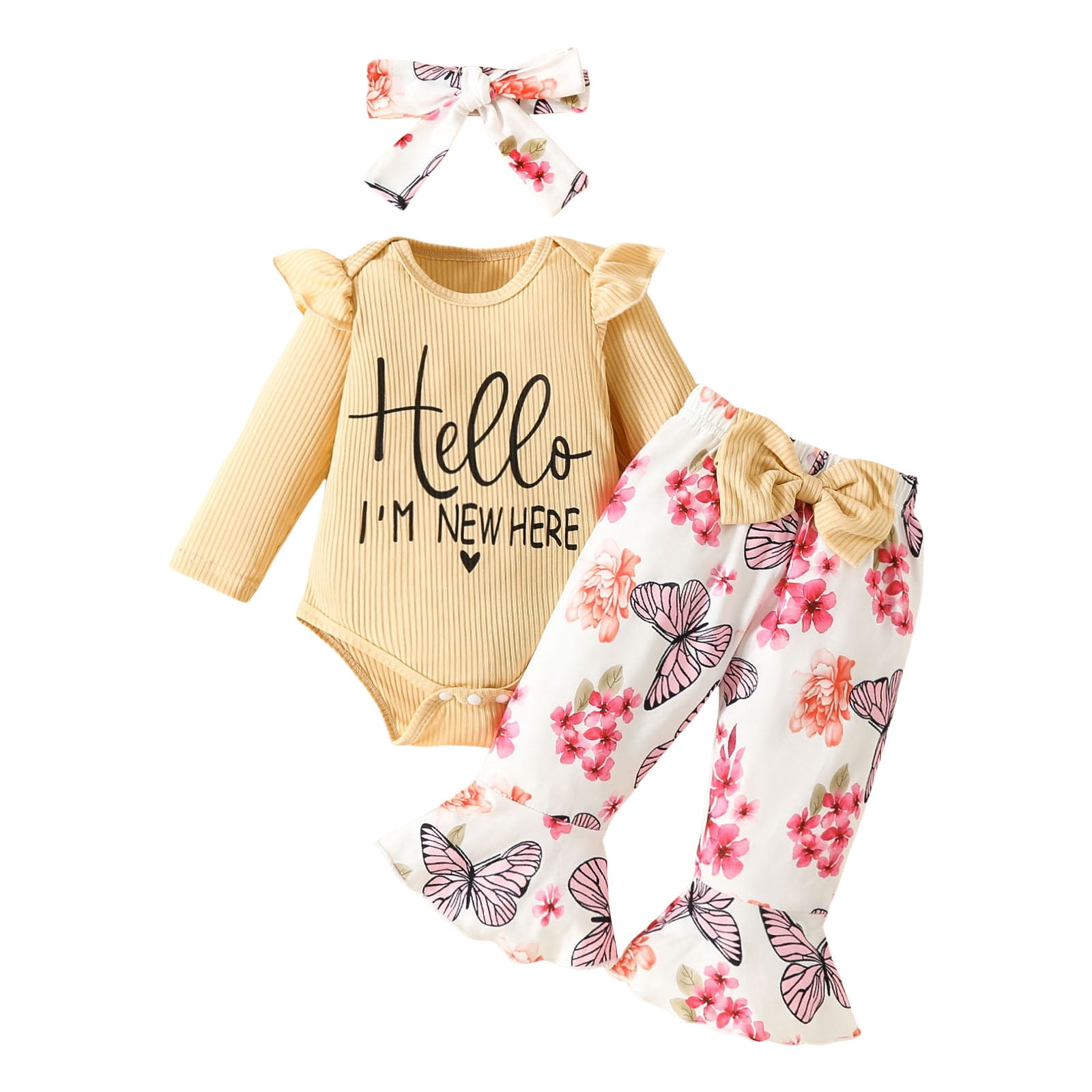 Povozer Baby Girl Clothes Long Sleeve Fall Winter Newborn Baby Girl Clothes Infant Outfits Ruffle Sleeve Romper Bodysuit Floral Pants Toddler Girl Outfits for 3-6 Months,White