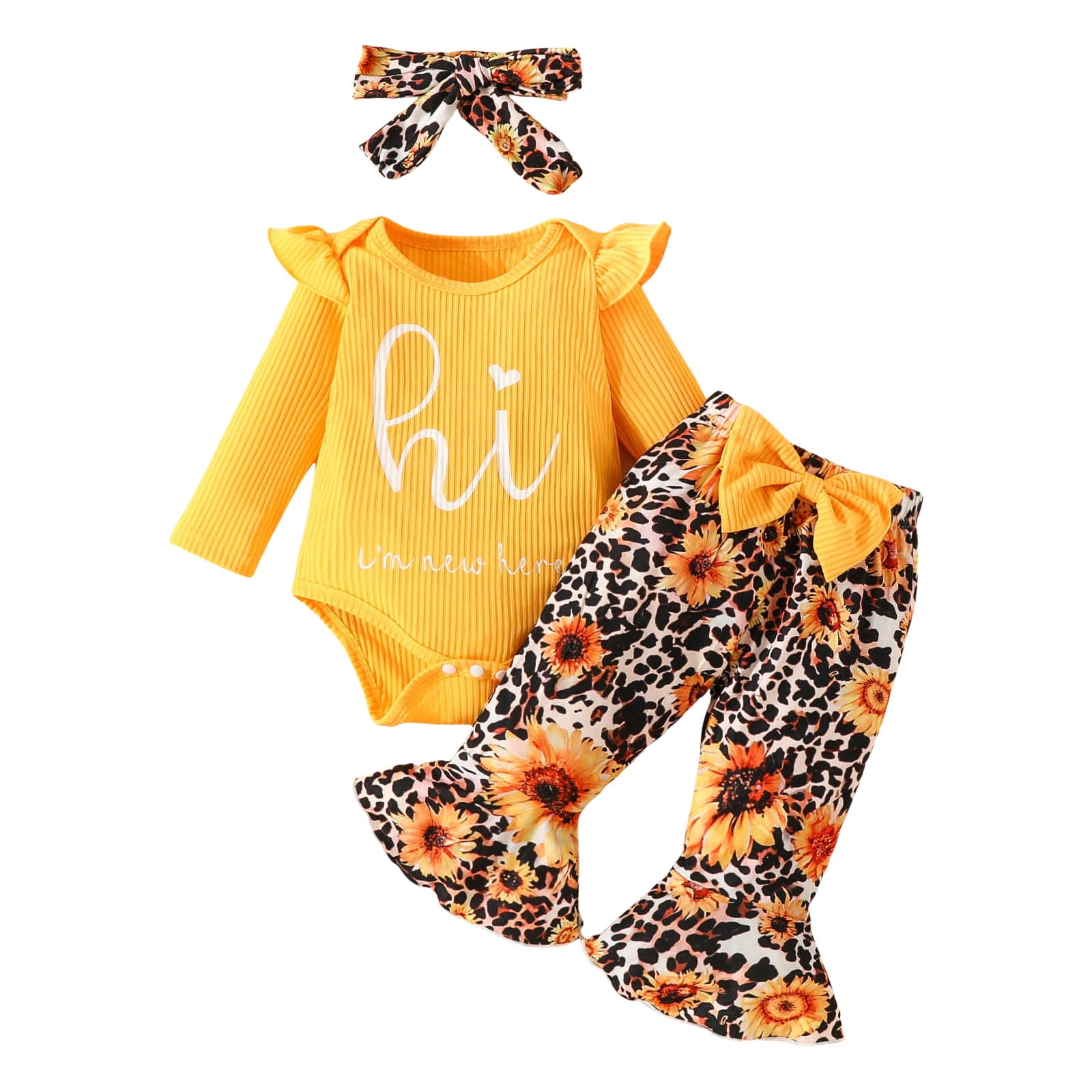 Povozer Baby Girl Clothes Long Sleeve Fall Winter Baby Girl Clothes Outfits Ruffle Sleeve Romper Bodysuit Floral Pants Toddler Girl Outfits for 6-9 Months,Yellow