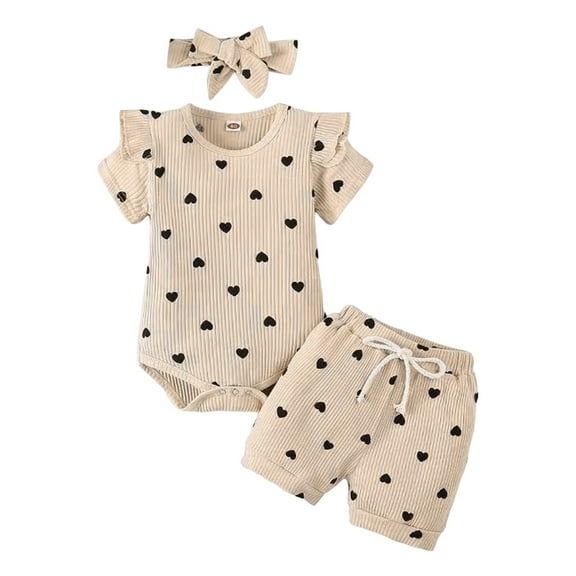 Povozer Baby Girl Clothes Newborn Infant Outfit Ruffle Romper and Short Pants Clothing Sets for Summer Spring 0 3 6 9 12 18 24 Months for 12-18 Months,Beige