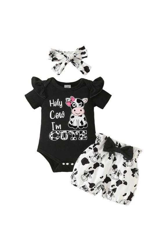 Baby Girl Clothes Summer Cowgirl Outfits Ruffle Romper Print Bloomer Shorts Headband 3 Piece Set 0 3 6 9 12 18 24 Months for 0-3 Months,Black