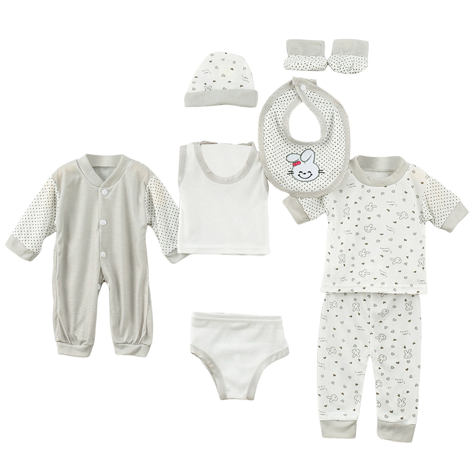 Povozer Baby Girl Clothes Toddler Girls Summer Outfits Girls Fashion 8PCS Newborn Baby Boy Girl Tops+Hat+Pants +Bib+Sock Shose+Romper Outfits Set Size 0-3 Months,Grey