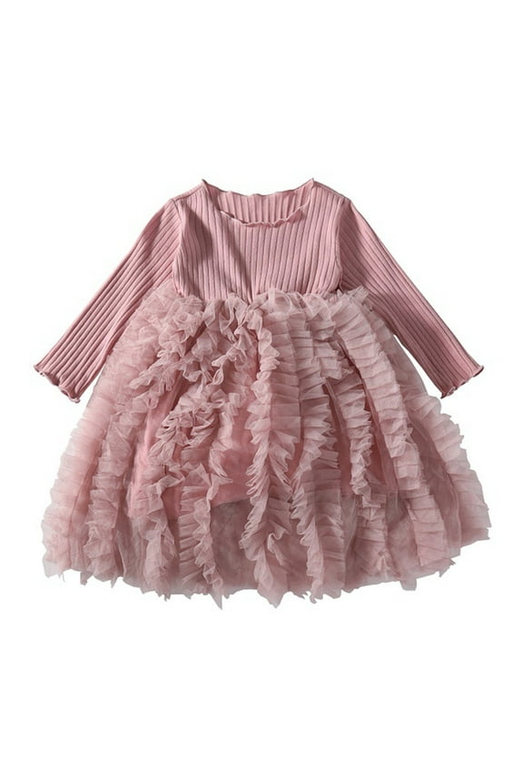 Baby Girl Dress Ruffle Sleeve Toddler Girl Dresses Infant Girls Long Sleeve Fall Winter Clothes Flower Tulle Dress(Pink,12-18 Months)