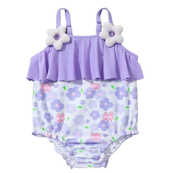Povozer Baby Girl Swimsuit Bathing Suit Flower Print Ruffle One Piece Swimwear(Purple,12-24M)