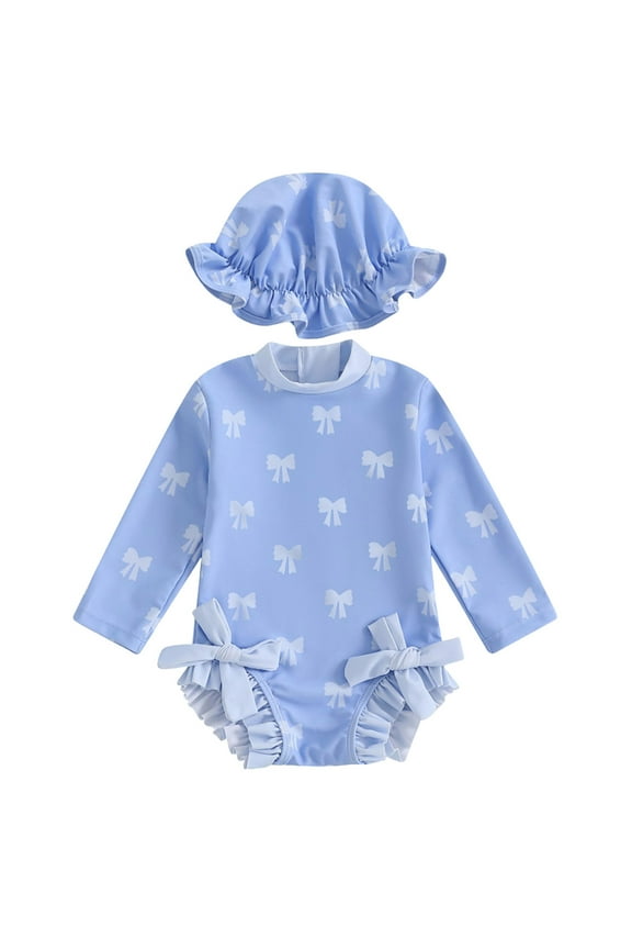 Baby Girl Swimsuit Infant Bathing Suit 2025 Baby Toddler Swimsuit Girl UPF 50+ Long-Sleeve One Piece Zipper Baby Beach Swimwear Sunsuit Ruffle with a Swim Cap for 12-18 Months,Blue