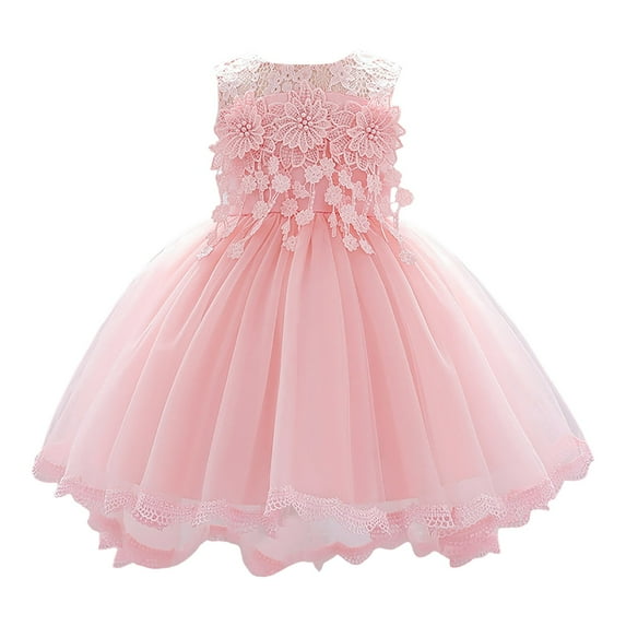 Povozer Baby Girls Princess Dress Flower Lace Dress Toddler Tulle Sleeveless Dress(Pink,3-6M)