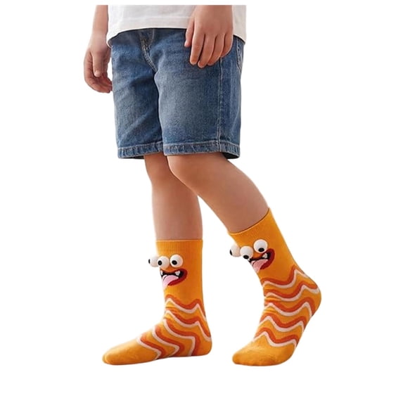 Povozer Baby Non Slip Grip Crew Socks Crew Socks Girls Boys Socks Wacky With 3D EyesCrew Socks For Kids Comfy Running Sock Size 3-12 Years,Yellow