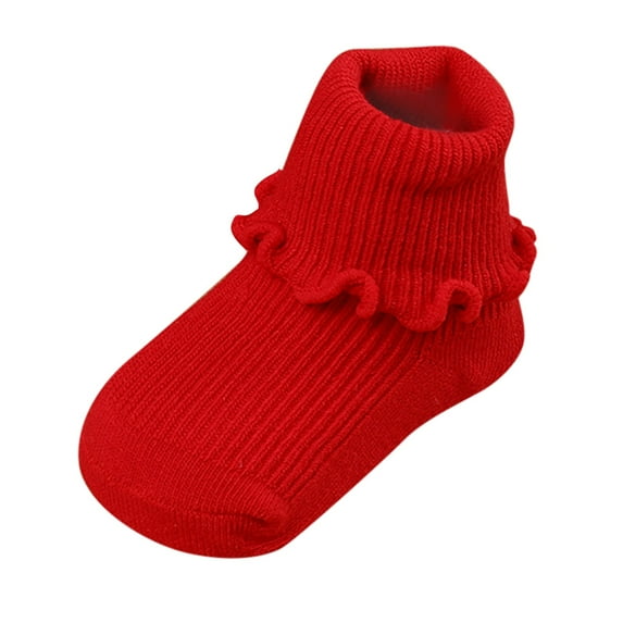 Povozer Baby Toddle Socks Ruffle Socks Socks Little Girls Boys Turn Cotton Socks for Kids(Red,3-5 Years)