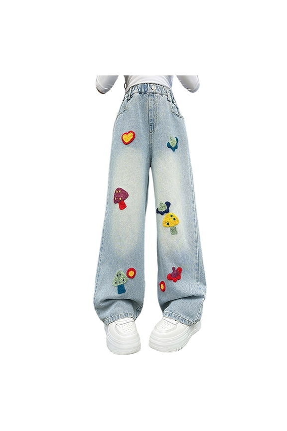 Baggy Jeans For Teen Girls School Clothes Teen Girls Jeans Cute Graphic Print & Ripped Frayed Details Five Pockets Loose Fit Denim Pants with Zipper Fly,Size 7-8 Years,Light Blue