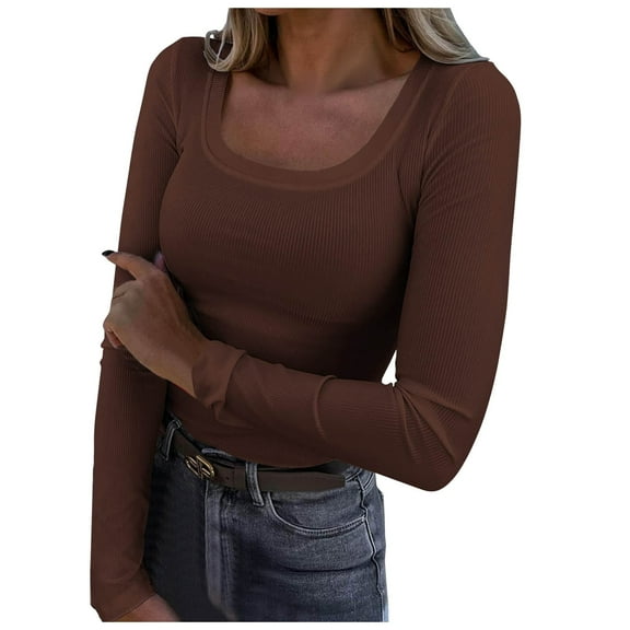 Povozer Basic Tops for Woman Long Sleeve Stretch Crewneck Ribbed T-Shirt(Brown,L)