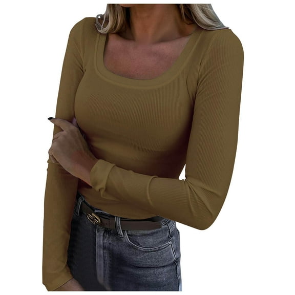 Povozer Basic Tops for Woman Long Sleeve Stretch Crewneck Ribbed T-Shirt(Khaki,L)