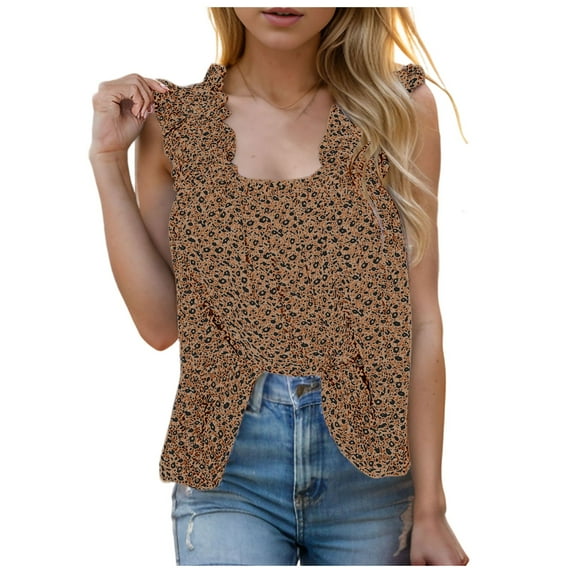 Povozer Blouses for Women Floral Boho Summer Tops Square Neck Short Sleeve Shirts(Khaki,XXL)
