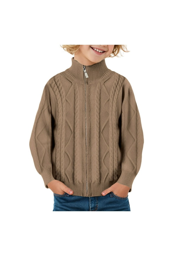Boys Chunky High Neck Zip Sweater Kids Ribbed Pullover Jumper Winter Knit Tops Outfits(Brown,5-6 Years)