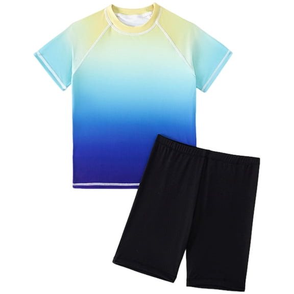 Povozer Boy Swimming Suit Boys Clothes Boys Gradient Rash Guard Swim Shirt Short Sleeve UPF+ 50 Sun Shirts For Kids Rashguard Water Shirts Set,Size 12-13 Years,Blue