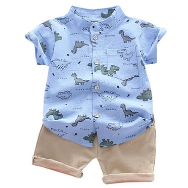 Povozer Boy's 2 Piece Outfit Set Short Sets Button Shirt and Elastic Waist Shorts(Blue,2-3Y)