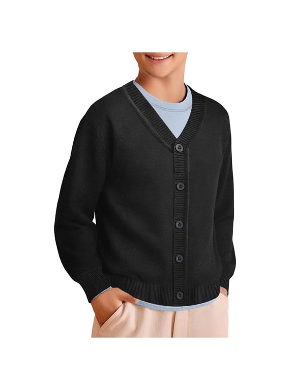 Boys Cardigan Sweater Cable Knit Sweaters Button Down Long Sleeve Outwear(Black,10-11 Years)