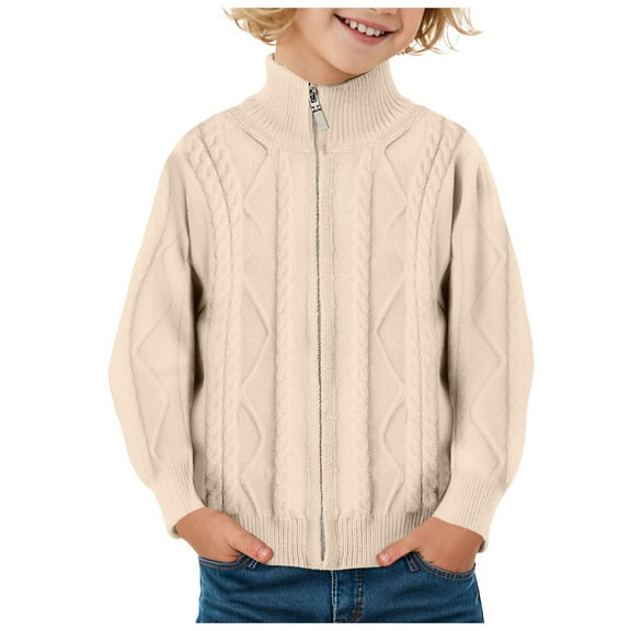 Povozer Boys Chunky High Neck Zip Sweater Kids Ribbed Pullover Jumper Winter Knit Tops Outfits(Beige,11-12 Years)