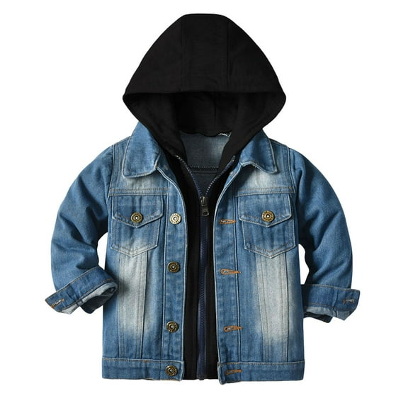 Povozer Kids Boys Girls Hooded Denim Jacket Zipper Coat Outerwear(Black,4-5 Years)