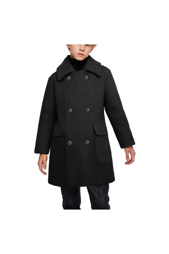 Boys Dress Coats Double Breasted Trench Coat Winter Super Thick Pea Coat(Black,9-10 Years)